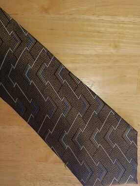 Jhane Barnes Platinum Brown Silk Tie with Blue, Gold, and White Zigzag Design